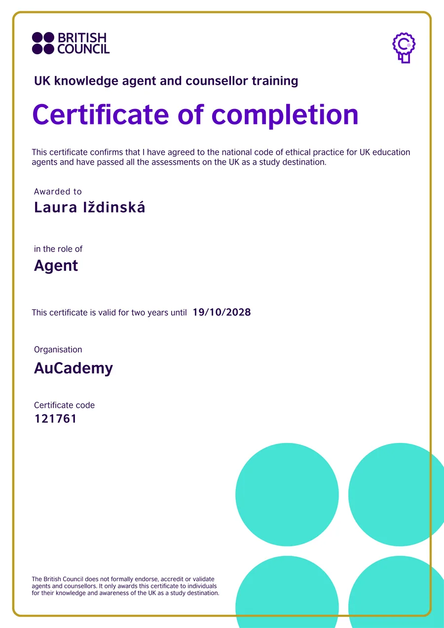 British Council certificate for Laura Iždinská, AuCademy